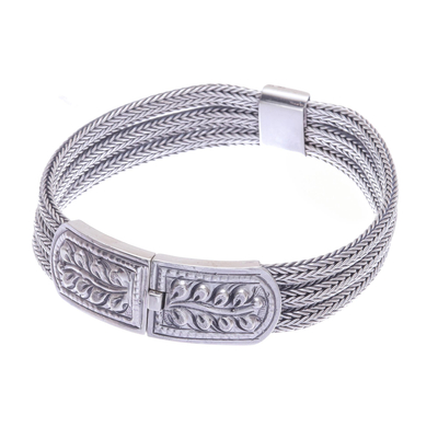 Men's sterling silver bracelet, 'Wheat' - Mens Sterling Silver Braided Bracelet and Medallion Thailand
