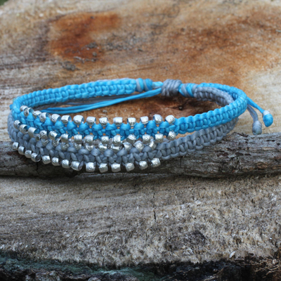 Braided wristband bracelet, 'Blue-Gray Urban Siam' - Artisan Braided Bracelet with Silver Plated Beads
