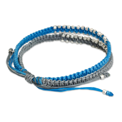 Braided wristband bracelet, 'Blue-Gray Urban Siam' - Artisan Braided Bracelet with Silver Plated Beads
