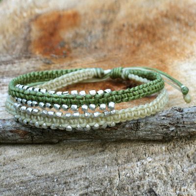 Braided wristband bracelet, 'Green Urban Siam' - Artisan Crafted Braided Bracelet with Silver Plated Beads