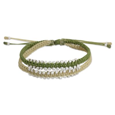 Braided wristband bracelet, 'Green Urban Siam' - Artisan Crafted Braided Bracelet with Silver Plated Beads