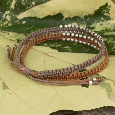 Braided wristband bracelet, 'Khaki Brown Urban Siam' - Artisan Crafted Braided Bracelet with Silver Plated Beads