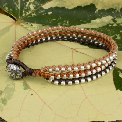 Braided wristband bracelet, 'Brown Siam Melody' - 3-in-1 Bracelet with Silver Plated Beads Hill Tribe Jewellery