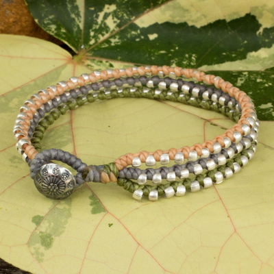 Braided wristband bracelet, 'Pastel Siam Melody' - Hill Tribe Jewellery Bracelet in Peach Gray and Green