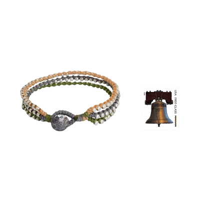 Braided wristband bracelet, 'Pastel Siam Melody' - Hill Tribe Jewelry Bracelet in Peach Gray and Green