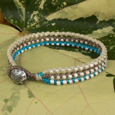 Braided wristband bracelet, 'Siam Melody' - Brown Beige and Blue Hand Made Bracelet Hill Tribe Jewellery