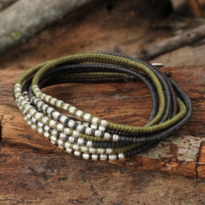 Braided wrap bracelet, 'Karen Khaki Chic' - Brown Khaki Grey Wrap Bracelet with Silver Accents