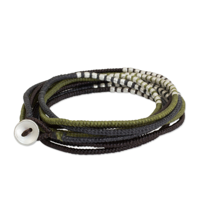 Braided wrap bracelet, 'Karen Khaki Chic' - Brown Khaki Grey Wrap Bracelet with Silver Accents