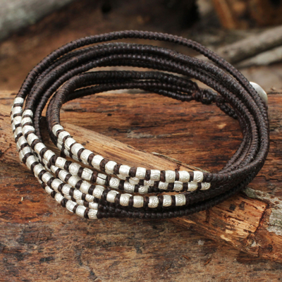 Braided wrap bracelet, 'Karen Brown Chic' - Silver Accents Wrap Bracelet Hand Knotted Jewelry