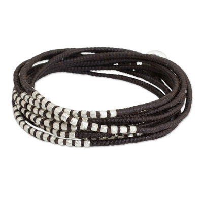 Braided wrap bracelet, 'Karen Brown Chic' - Silver Accents Wrap Bracelet Hand Knotted jewellery