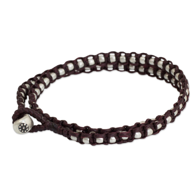 Braided wrap bracelet, 'Floral Moon in Burgundy' - Silver Accents Wrap Bracelet Thai Hill Tribe Jewelry