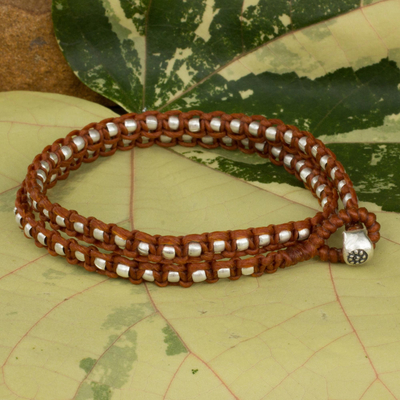 Braided wrap bracelet, 'Floral Moon in Brown' - Silver Accents Wrap Bracelet Thai Hill Tribe Jewellery