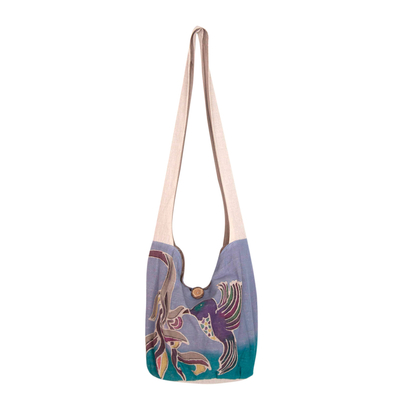 Cotton batik sling bag, 'Thai Hummingbird' - Purple Cotton Sling Handbag from Thailand