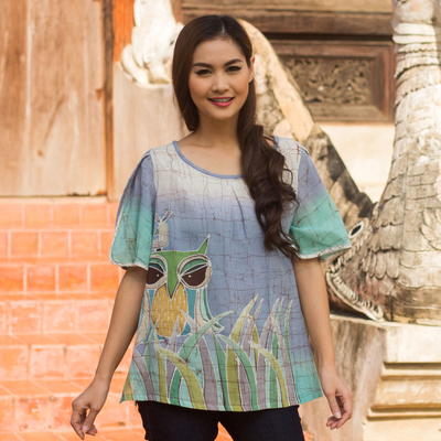 Cotton batik blouse, 'Forest Owl' - Cotton Batik Owl Print Blouse