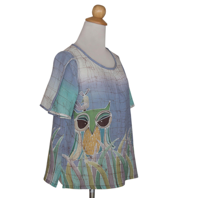 Cotton batik blouse, 'Forest Owl' - Cotton Batik Owl Print Blouse