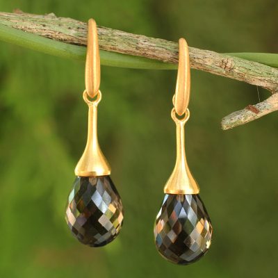 Gold platedl smoky quartz dangle earrings, 'Delicate Drops' - Artisan Crafted Gold Plated Smoky Quartz Earrings