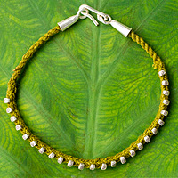 Silver braided bracelet, 'Olive Karen Flowers' - Macrame Bracelet with Hill Tribe Silver