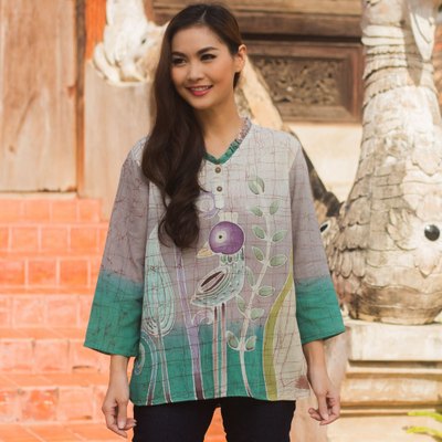 Cotton batik tunic, 'Purple Bird' - Cotton Batik Bird Print Blouse