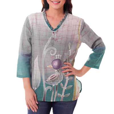 Cotton batik tunic, 'Purple Bird' - Cotton Batik Bird Print Blouse