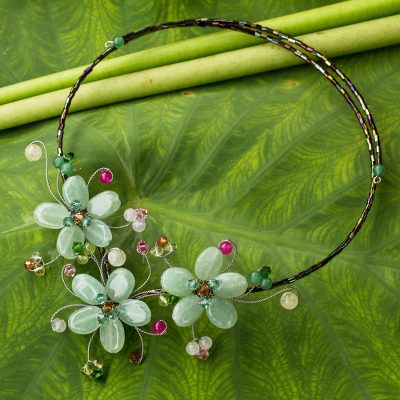 Multi-gem flower necklace, 'Green Sonata' - Floral Wrap Necklace Artisan Crafted Beaded Jewelry