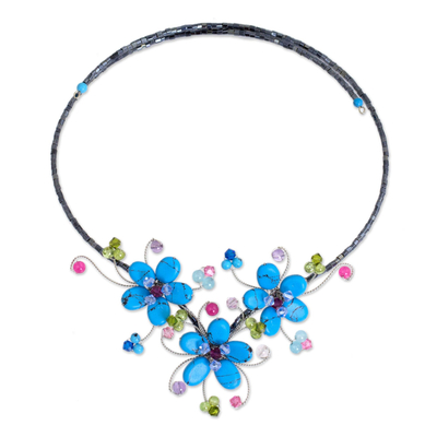 Multi-gem flower necklace, 'Turquoise Sonata' - Floral Wrap Necklace Artisan Crafted Beaded Jewelry