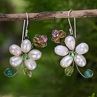 Pendientes flor perla - Pendientes de perlas y gemas Joyas tailandesas artesanales