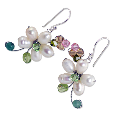 Pearl flower earrings, 'Frangipani Glam' - Pearls and Gems Earrings Artisan Crafted Thai Jewelry