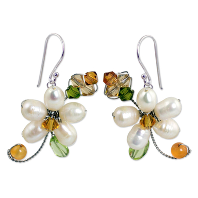 Pearl and peridot flower earrings, 'Frangipani Glam' - Pearls and Gems Earrings Artisan Crafted Thai Jewelry
