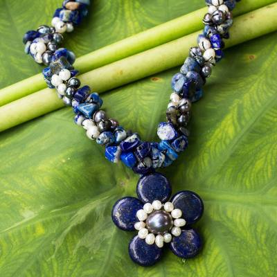 Cultured pearl and lapis lazuli flower necklace, 'Flourishing Star' - Pearls and Lapis Lazuli Necklace Thai Floral Jewelry