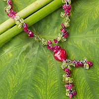 Peridot heart necklace, 'Tropical Heartbeat' - Peridot and Dyed Quartz Beaded Necklace from Thailand