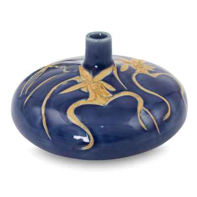Celadon ceramic vase, 'Butterfly Orchids' - Blue Glazed Celadon Ceramic Vase from Thailand