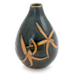 Celadon ceramic vase, 'Dragonfly Orchids' - Celadon Ceramic Vase Handcrafted in Green and Brown