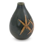 Celadon ceramic vase, 'Dragonfly Orchids' - Celadon Ceramic Vase Handcrafted in Green and Brown