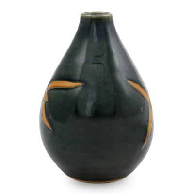 Celadon ceramic vase, 'Dragonfly Orchids' - Celadon Ceramic Vase Handcrafted in Green and Brown