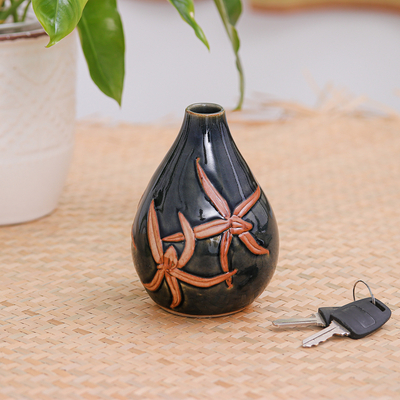 Celadon ceramic vase, 'Dragonfly Orchids' - Celadon Ceramic Vase Handcrafted in Green and Brown