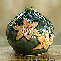Jarrón de cerámica, 'Orchid Splendor' - Jarrón de cerámica hermético artesanal de Tailandia