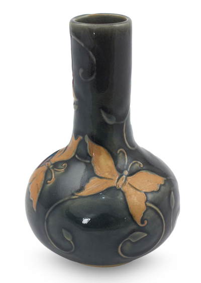 Celadon vase, 'Forest Butterflies' - Dark Green Glazed Celadon Vase Crafted by Hand