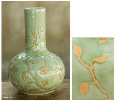 Celadon vase, 'Jungle Blooms' - Glazed Celadon Vase Crafted by Hand in Thailand