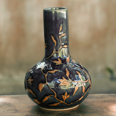 Celadon ceramic vase, 'Forest Blooms' - Hand Crafted Dark Green Glazed Celadon Vase