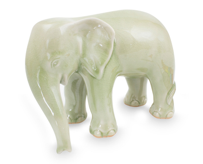 Celadon Ceramic Figurine from Thailand - Wandering Elephant | NOVICA