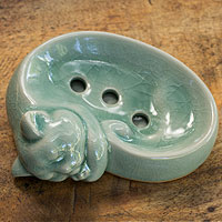 Celadon ceramic soap dish, 'Light Blue Napping Kitty' - Fair Trade Celadon Soap Dish