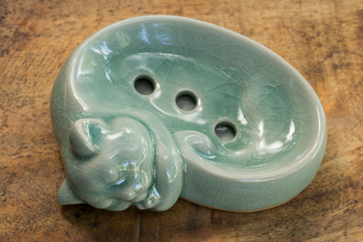 Celadon ceramic soap dish, 'Light Blue Napping Kitty' - Celadon Ceramic Soap Dish Crafted by Hand in Thailand