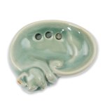 Celadon ceramic soap dish, 'Light Blue Napping Kitty' - Celadon Ceramic Soap Dish Crafted by Hand in Thailand