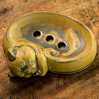 Ceramic soap dish, 'Yellow Napping Kitty'