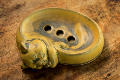 Ceramic soap dish, 'Yellow Napping Kitty' - Ceramic Soap Dish Artisan Crafted in Thailand