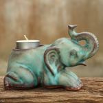 Ceramic tealight holder, 'Reclining Turquoise Elephant' - Celadon Ceramic Tea Light Holder from Thailand