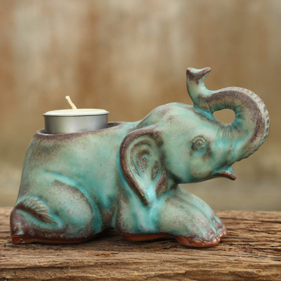 Ceramic tealight holder, Reclining Turquoise Elephant