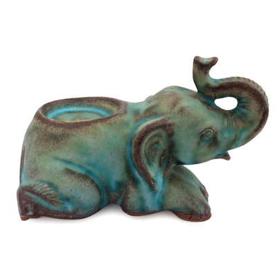 Ceramic tealight holder, 'Reclining Turquoise Elephant' - Celadon Ceramic Tea Light Holder from Thailand