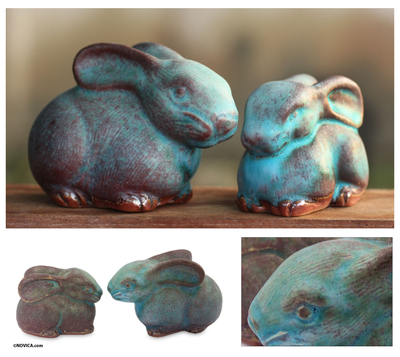 Celadon ceramic figurines, Bunny Rabbits (pair)