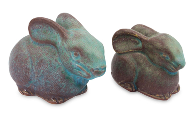 2 Celadon Ceramic Rabbit Figurines in Turquoise